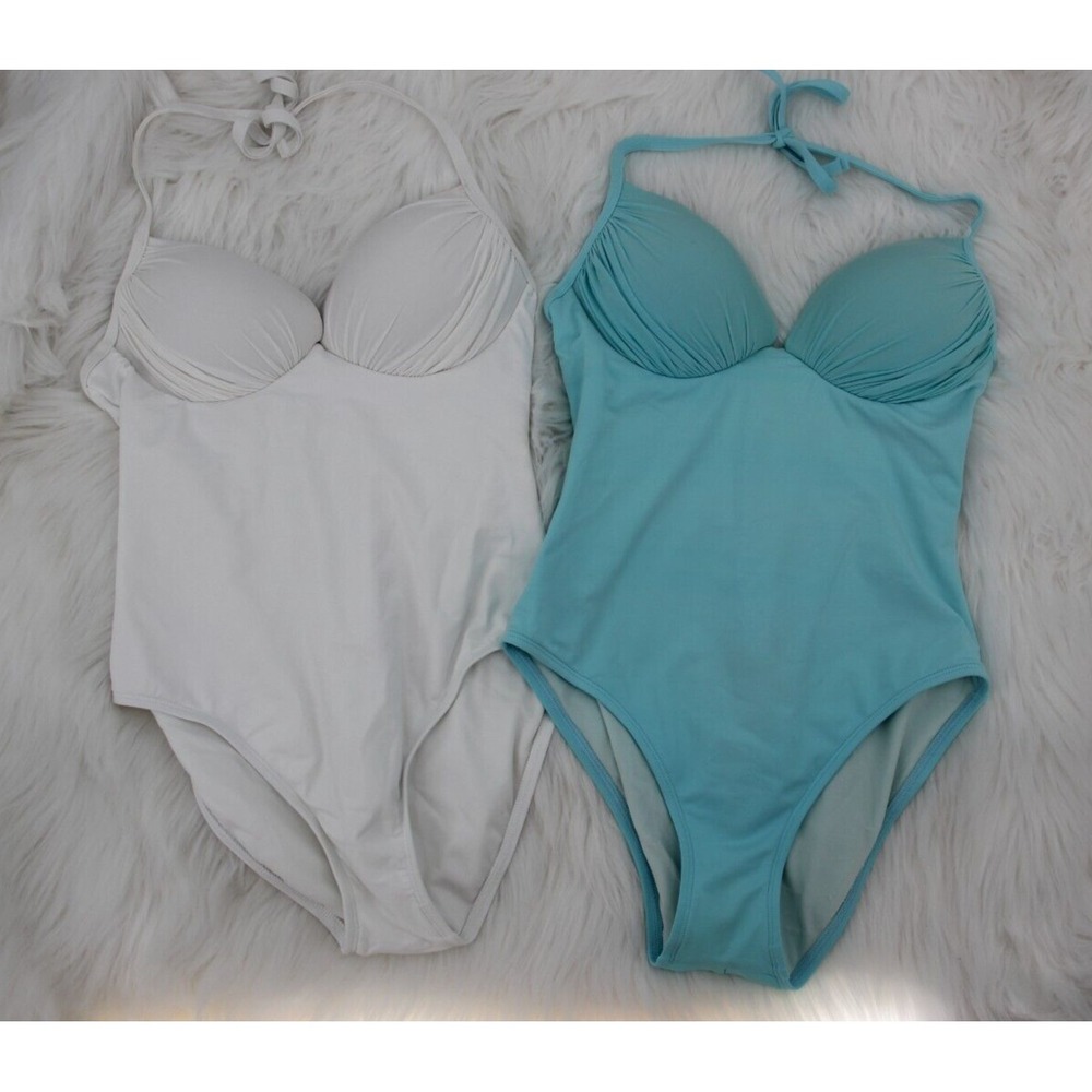 Boston Proper Swimsuit 2pc Lot One-piece Turquoise Blue White Halter Sz 8 #1464